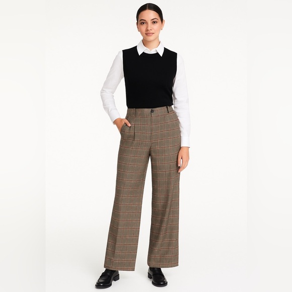 1. STATE Brown Plaid High Waist Wide Leg Trousers Career Workwear Preppy Pants - Picture 1 of 15